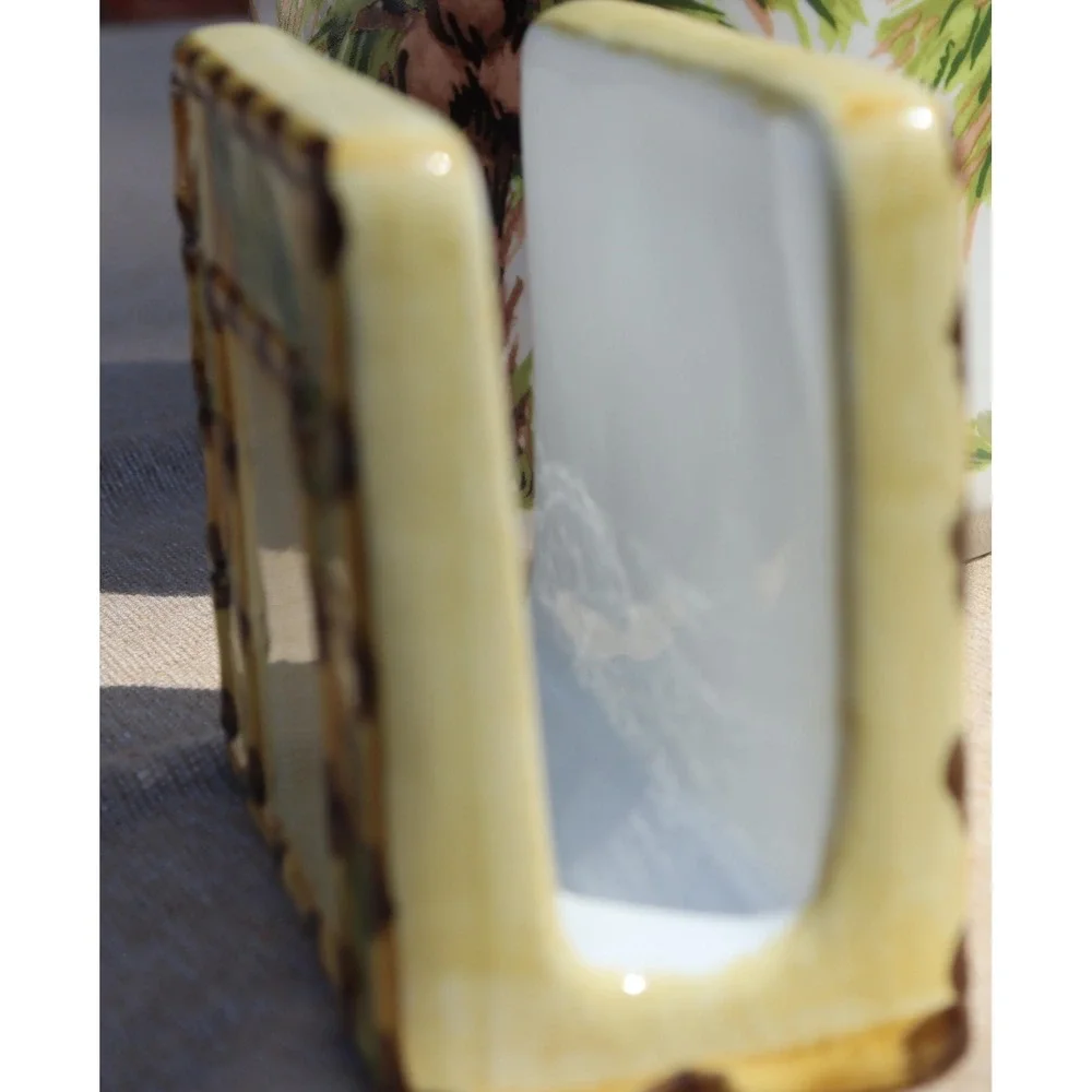 Vintage Bamboo Themed Tableware Metal Serving Tray and Ceramic Napkin Holder